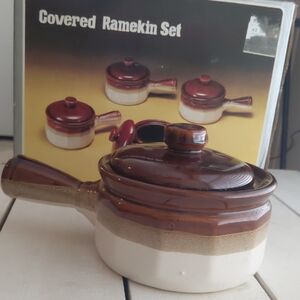 Elegant, Vintage Brown and Cream Covered Ramekin Set, 4pc